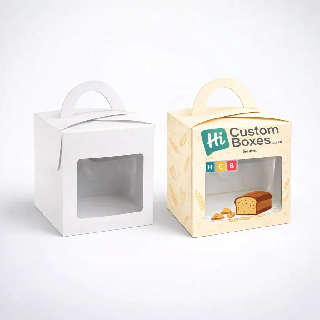 Two open cardboard mailer boxes, one plain brown and one featuring custom bakery-themed branding. class=